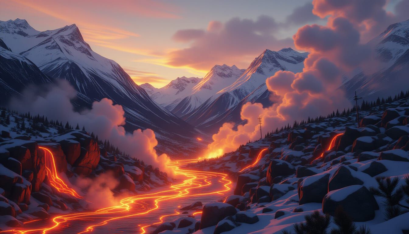 Molten Lava River Flows Through Snowy Mountains
