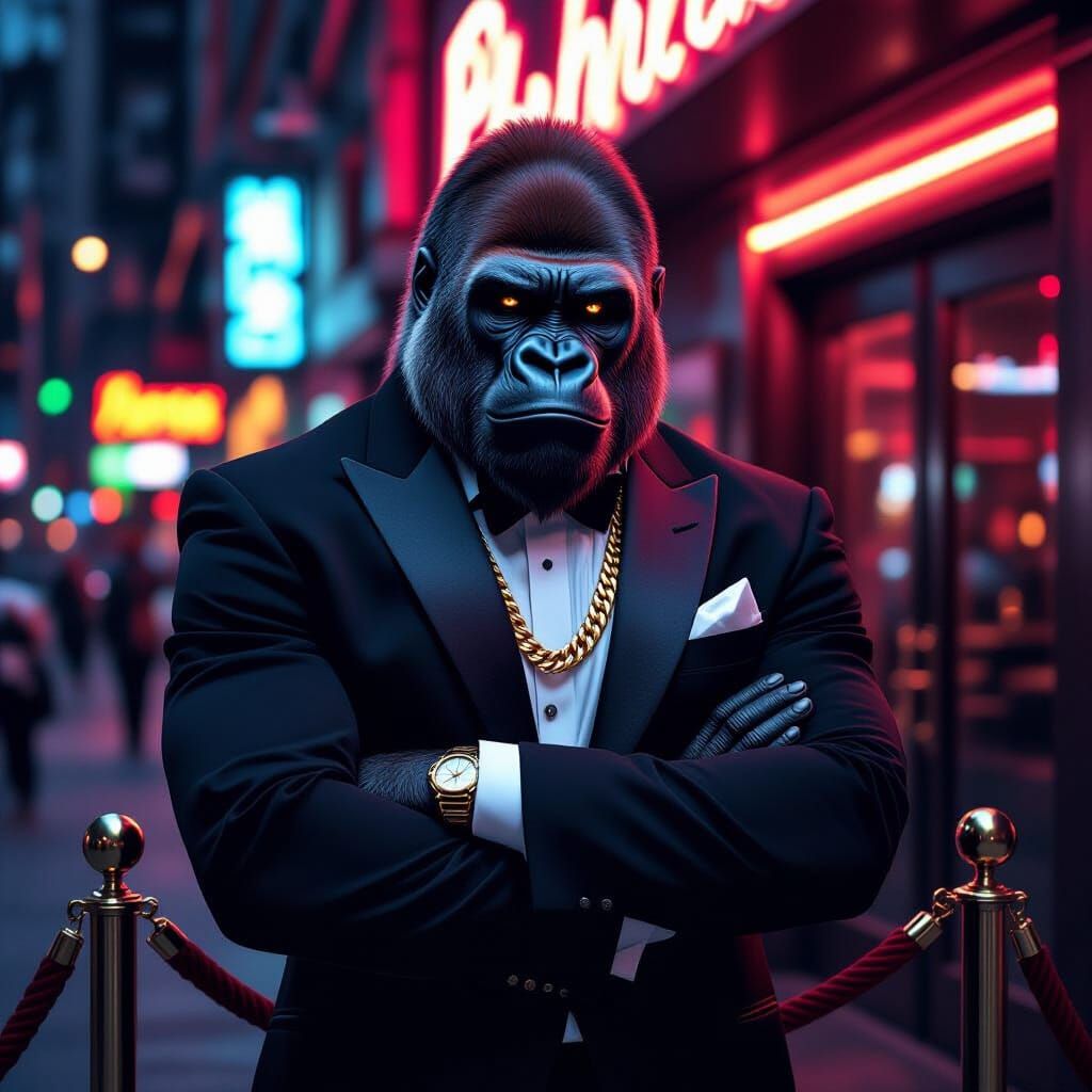Gorilla Bouncer in Tuxedo Outside Neon Nightclub