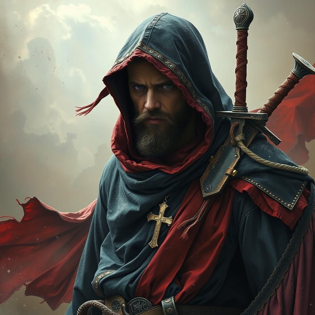 War-Torn Monk in Dark Surrealism Style