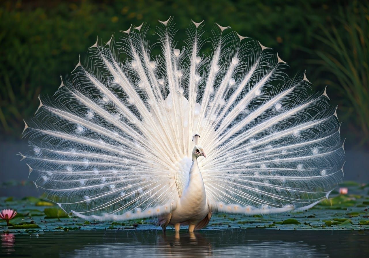 Majestic Albino Peacock in Misty Dawn