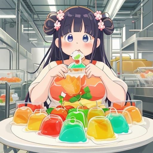 Obese Anime Girl Feasts on Jell-O in Factory