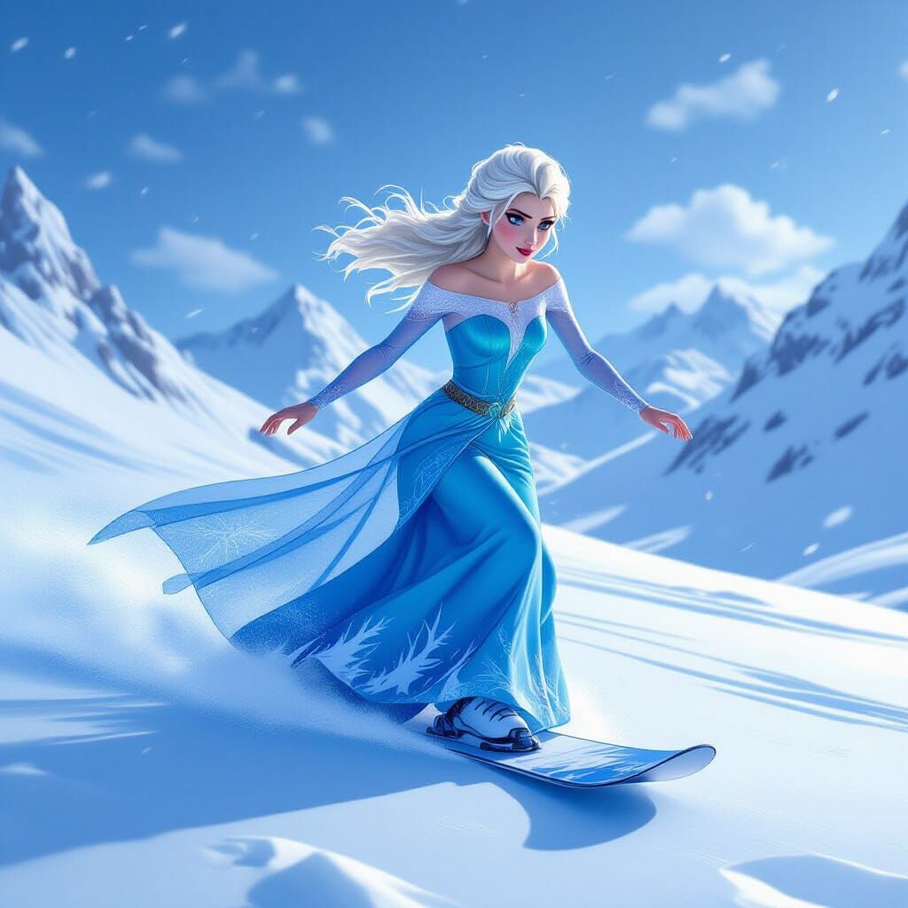 Elsa Snowboarding on Ice Board in Snowy Landscape
