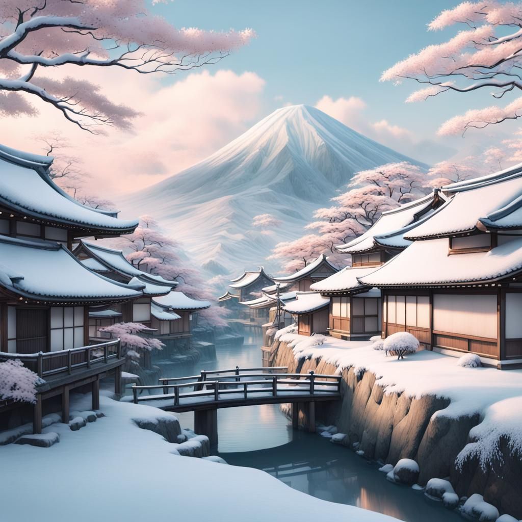 Winter Japanese Village in Pastel Colors