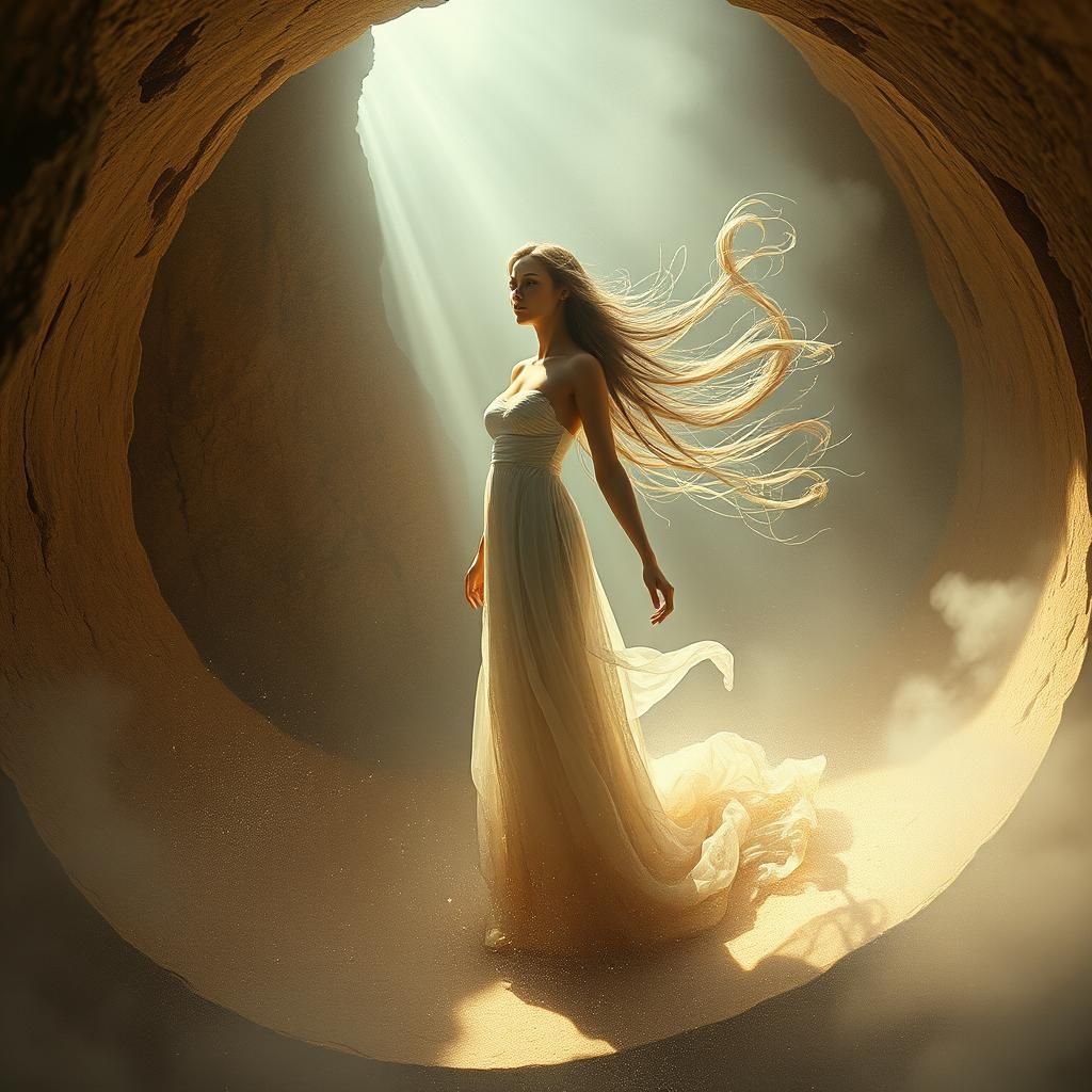 Ethereal Woman Disintegrating in Time Capsule, Art Nouveau S...