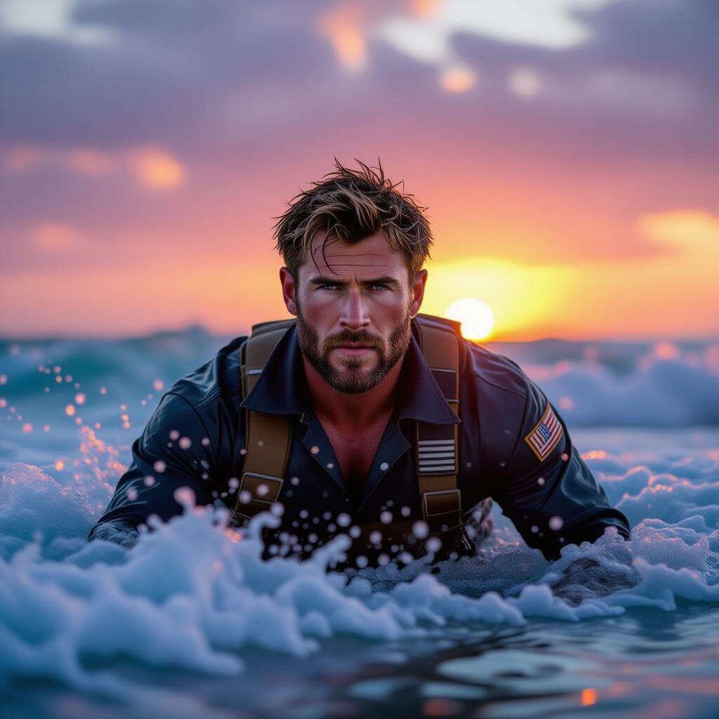 Australian Navy SEAL Emerges from Ocean in Hyperrealism
