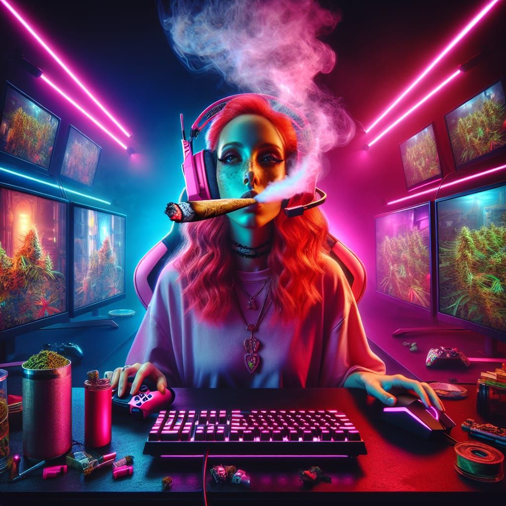 Redhead Gamer in Dark Room with Pink Headset