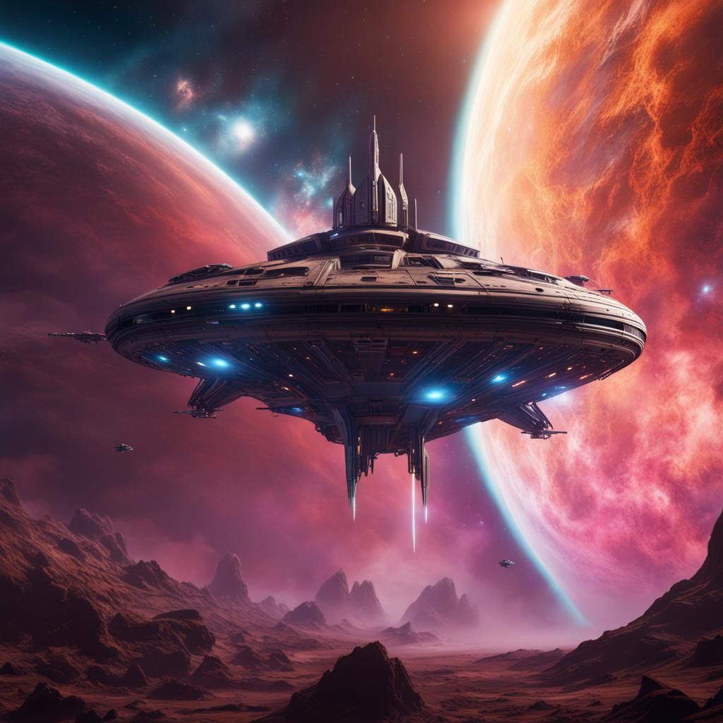 Spaceship Soaring Through Nebula: Fantasy Concept Art