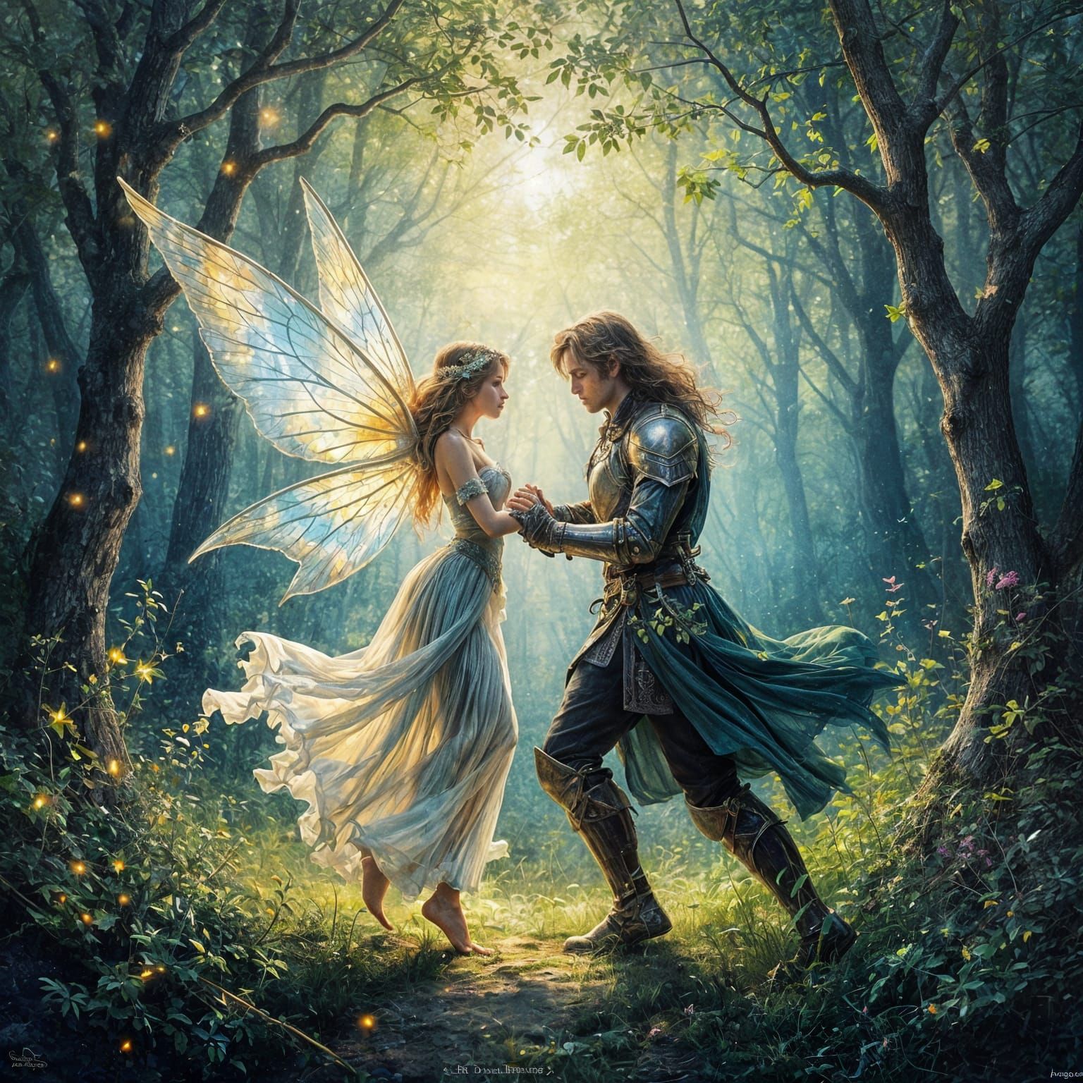 Enchanted Forest Fairy Dances With Knight in Magical Waterco...