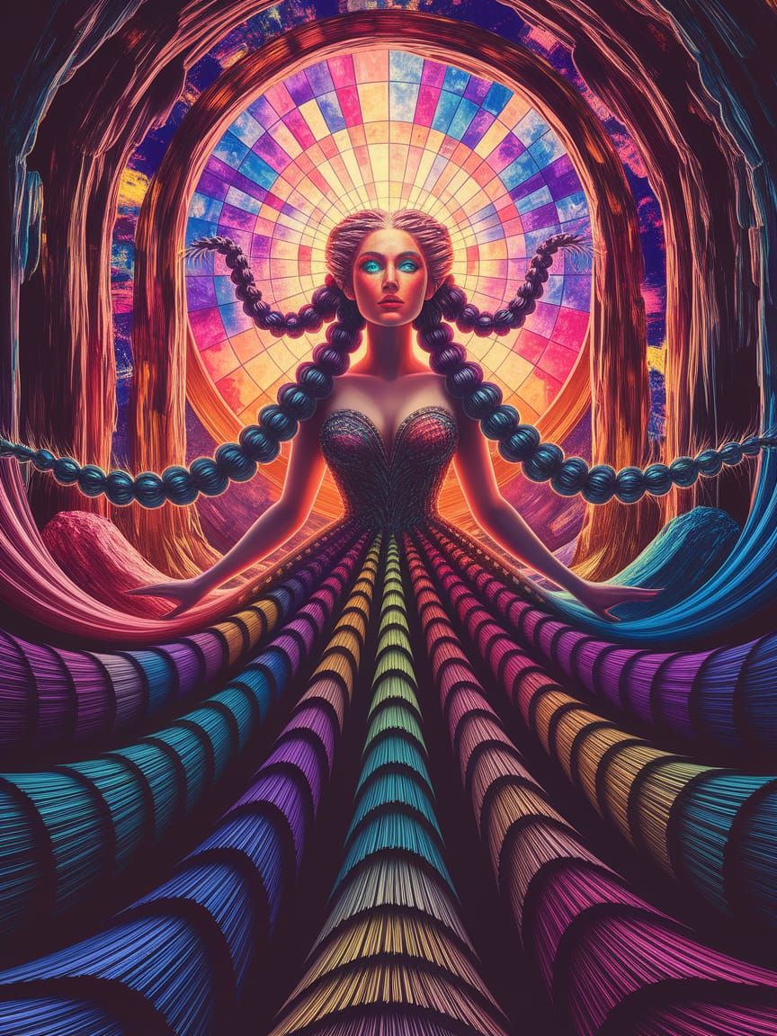 Goddess with Giant Braids in Surreal Landscape