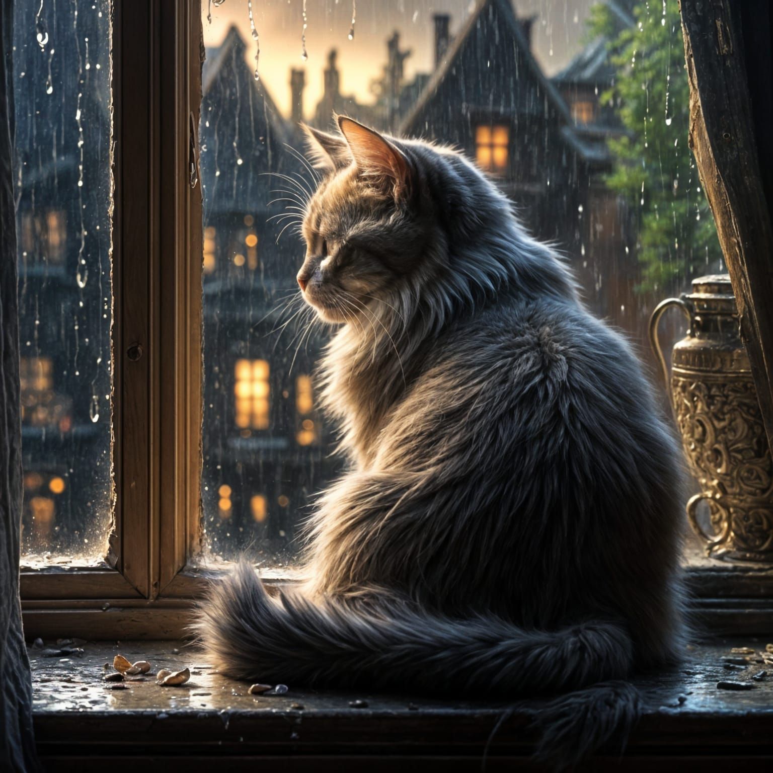 Cat Curled Up Watching Rain Outside