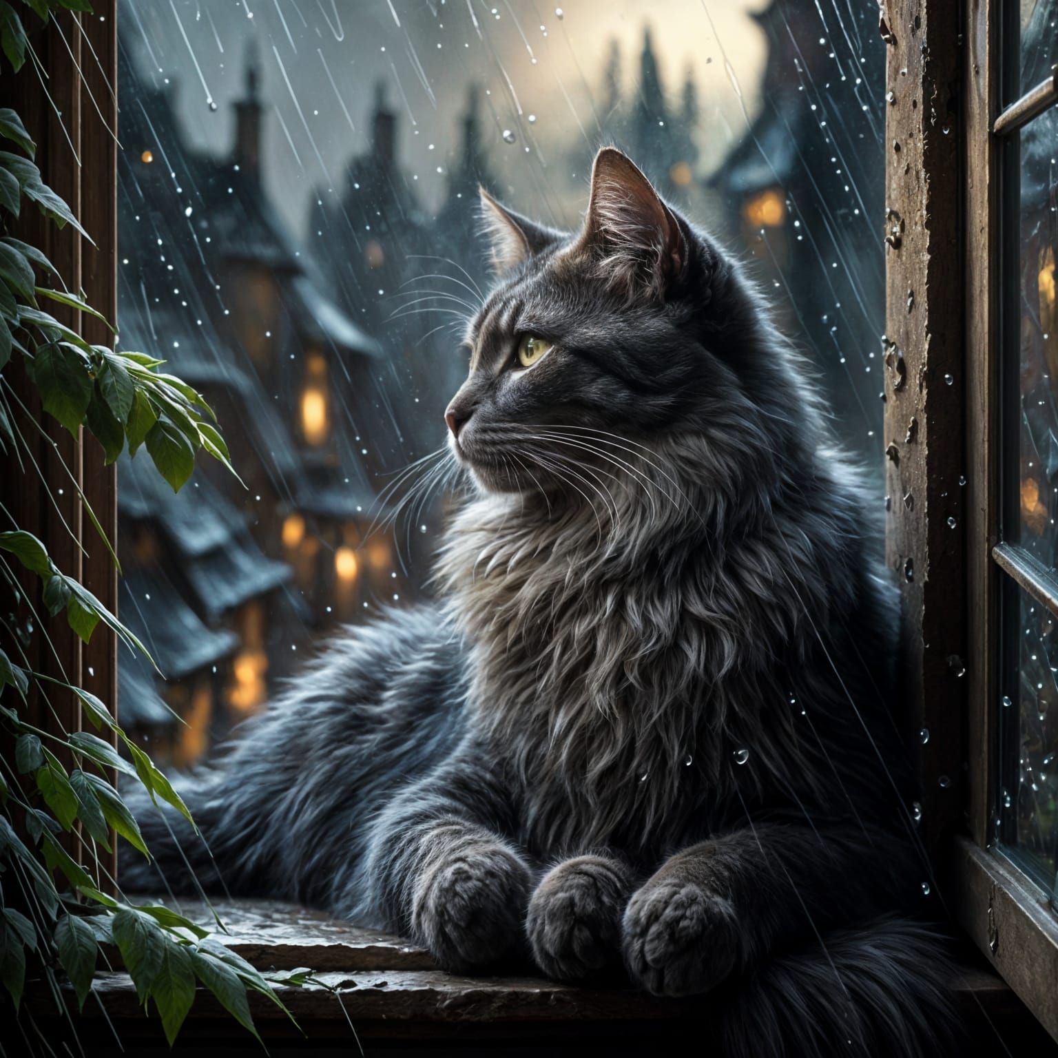 Cat Watching Rain from Windowsill