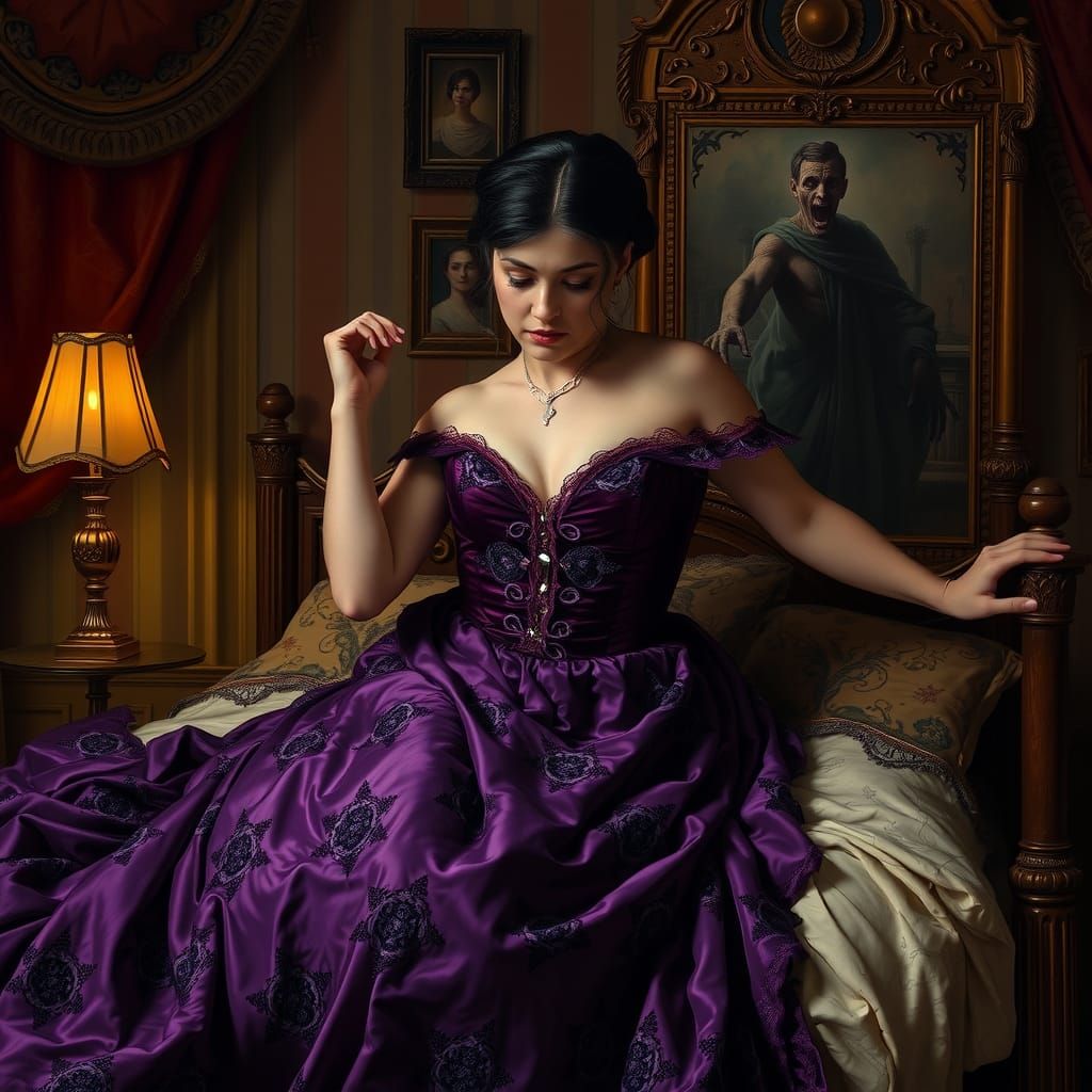 Woman Confronts Monster in Opulent Boudoir