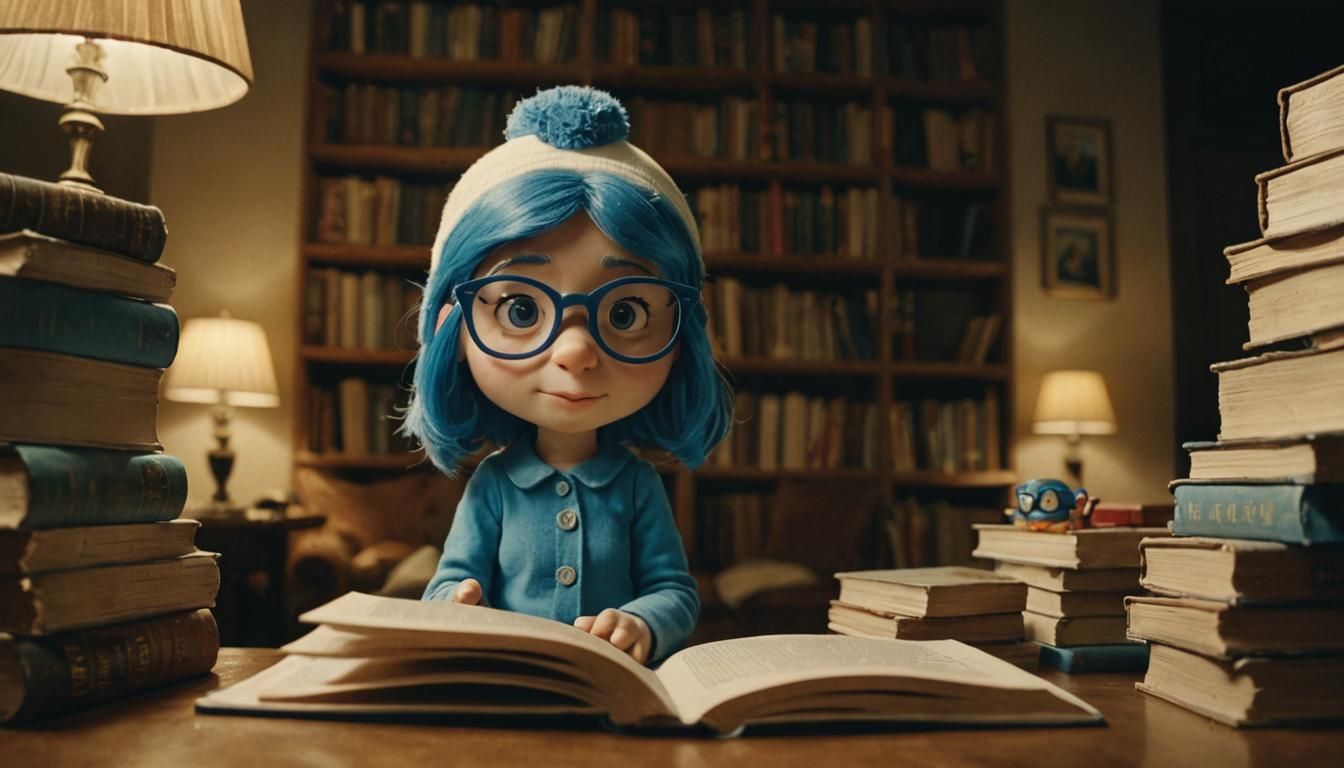 Girl Smurf Reading Books in a Wes Anderson Film