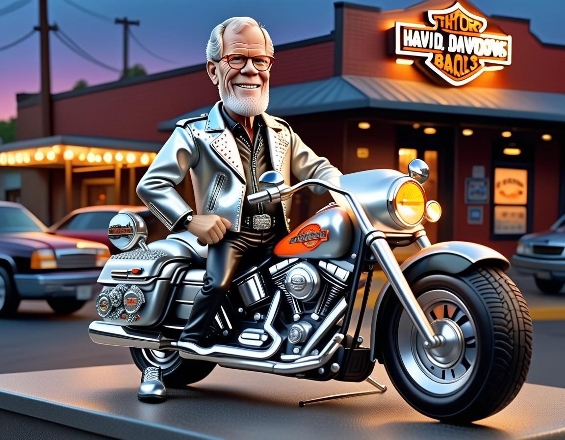 Claymation caricature cartoon masterpiece of DAVID LETTERMAN WEARING NEON SILVER leather biker outfit with rhinestones, ...