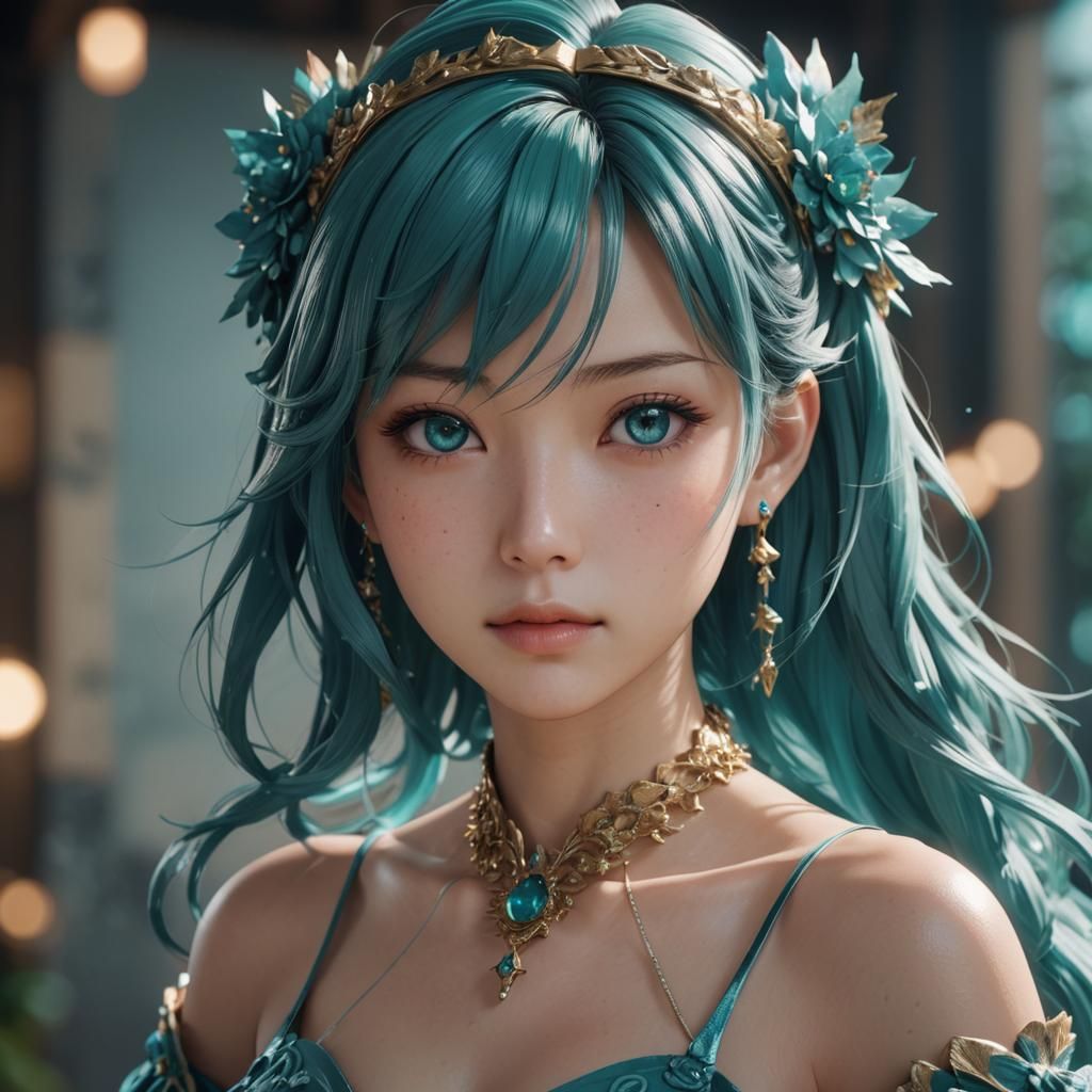 Anime 3D Portrait of Model in Teal Dress