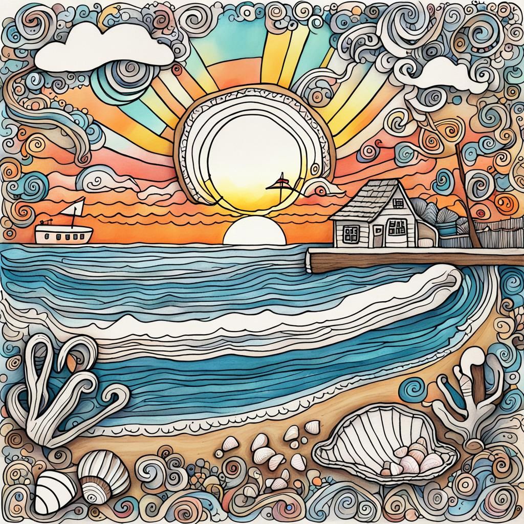 Folk Art Doodle of a Sunset Beach