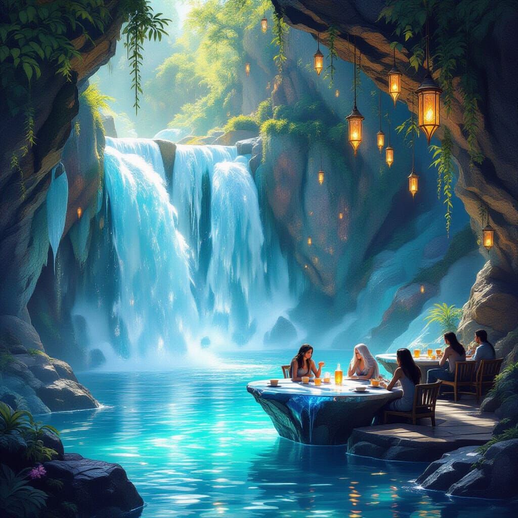 Magical Crystal Waterfall Café with Mythical Beings
