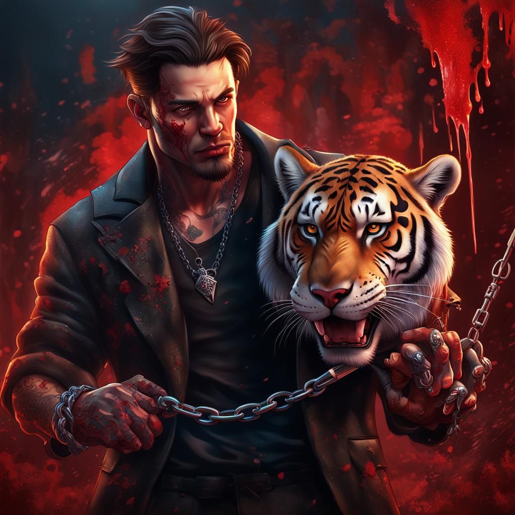 Tattooed Man with Saber-Tooth Tiger: Detailed Digital Art