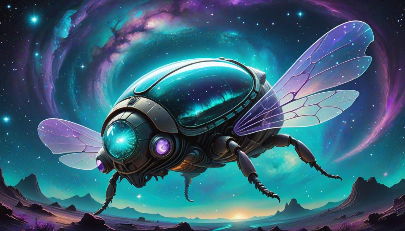 Bioluminescent Beetle Spaceship Amidst Nebulae