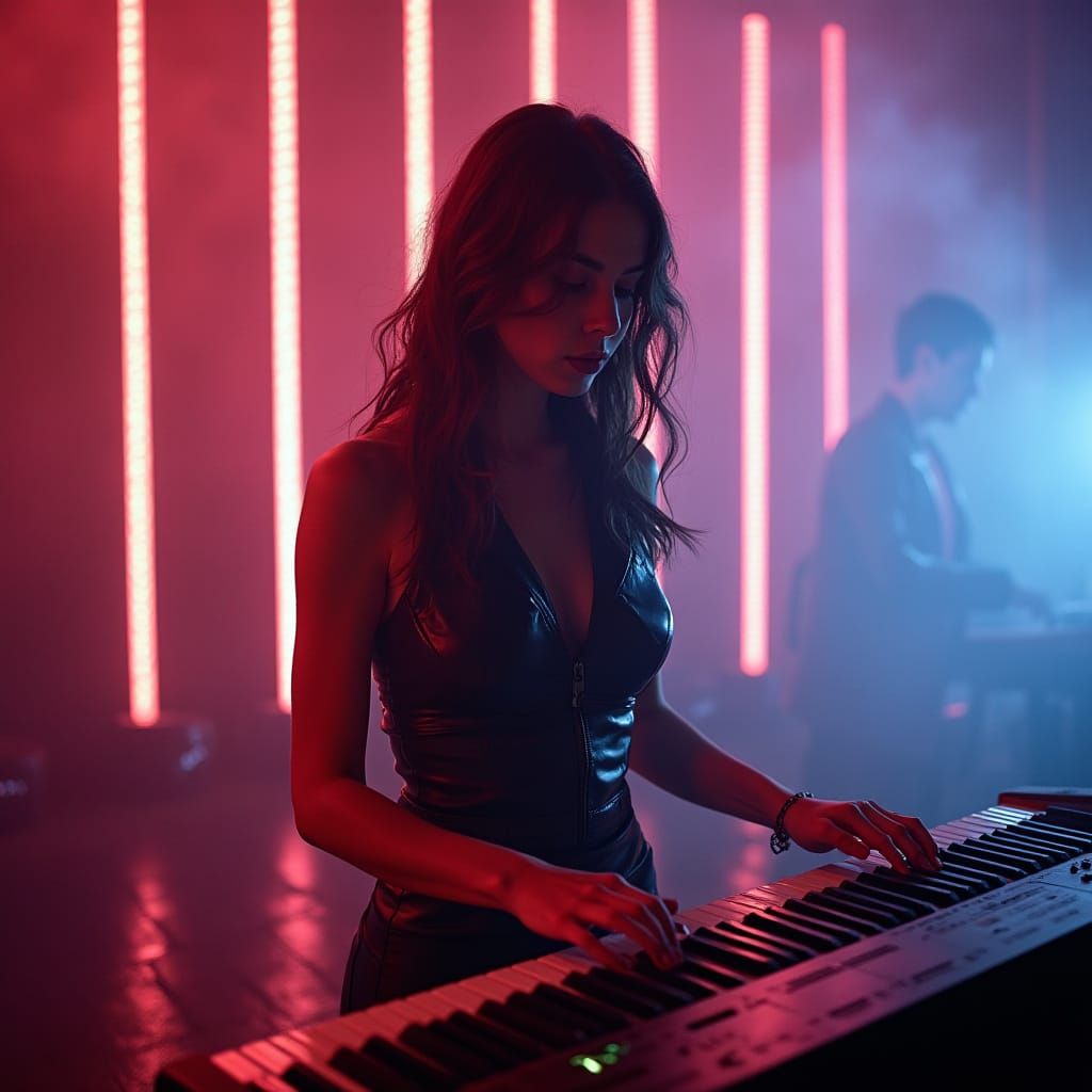 Futuristic Brunette Rockstar Performs Under Neon Stage Light...