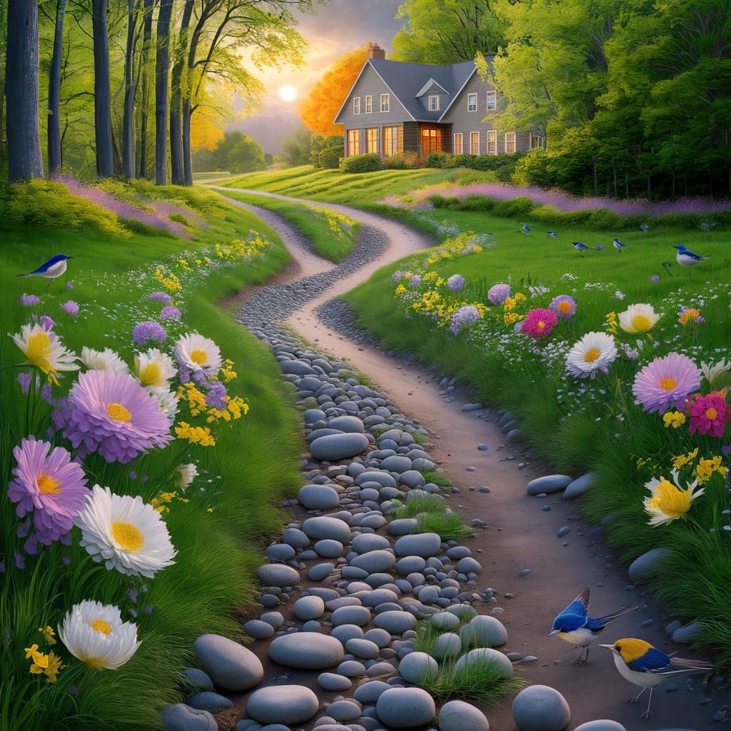 Picturesque Spring Countryside Path with Flowers and Birds
