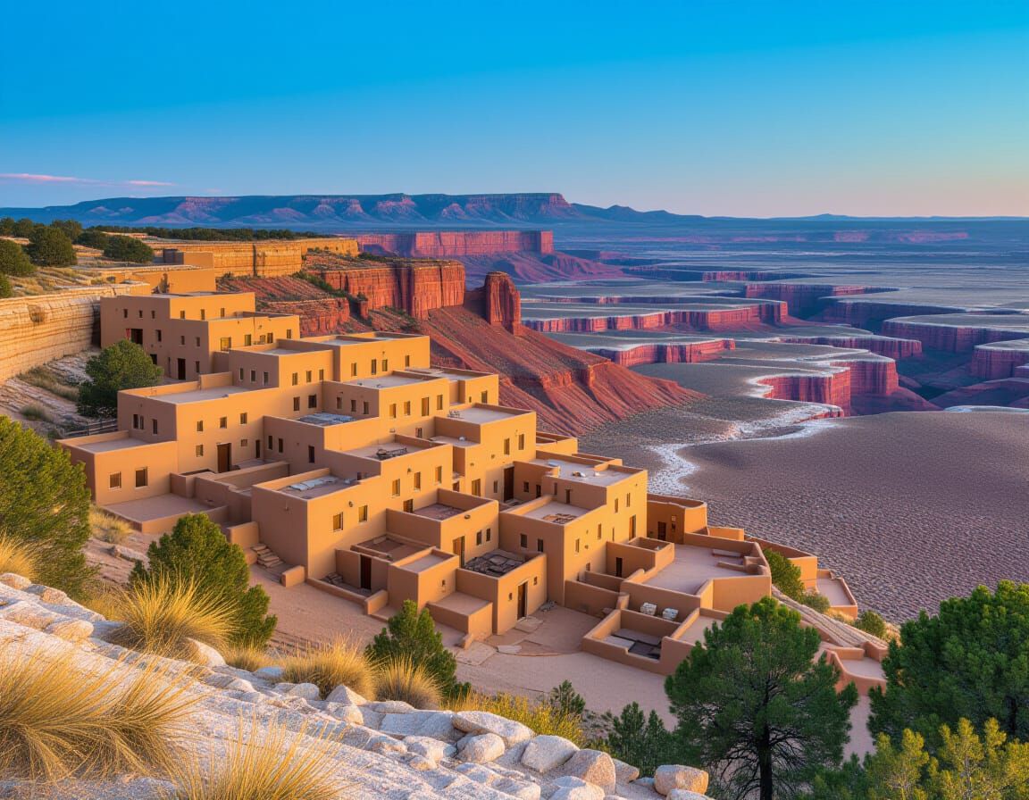 Sun-Soaked New Mexico Adobe Pueblo Under Starlit Sky