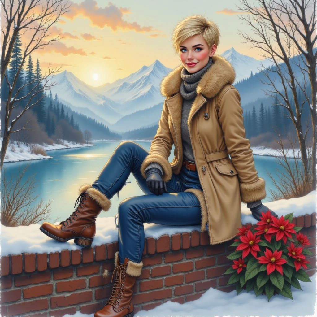 Smiling Woman in Winter Landscape at Sunset
