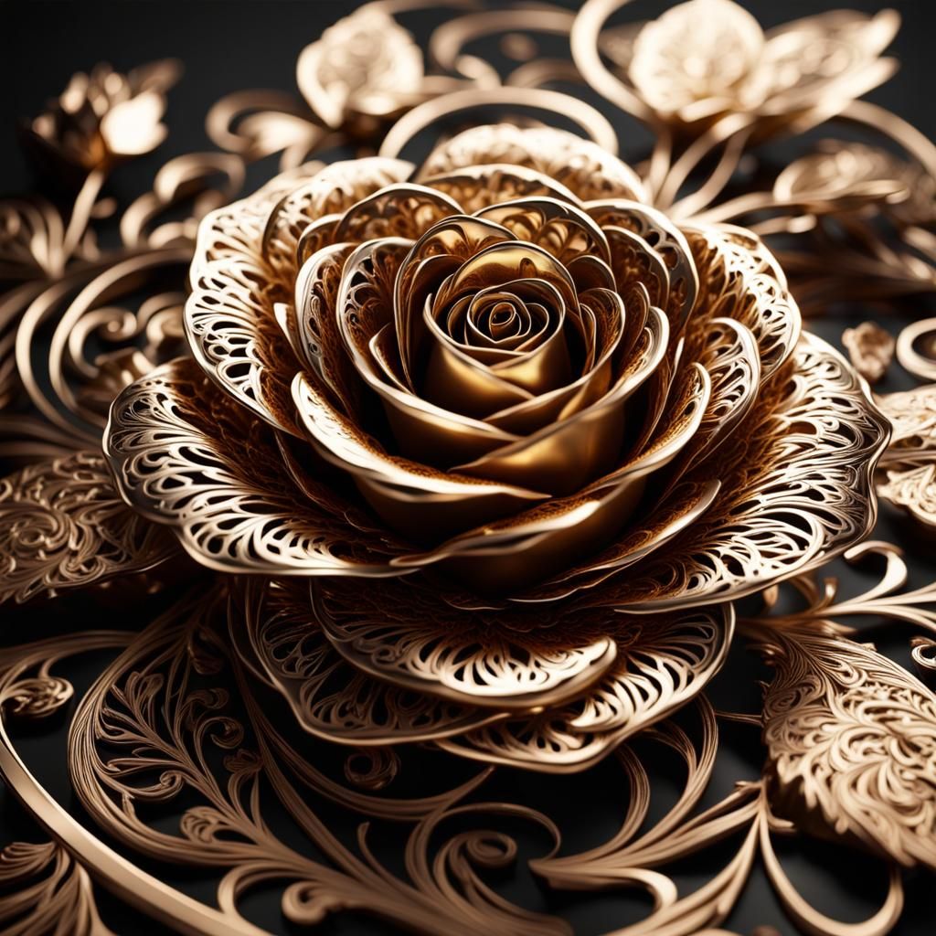 Metallic Rose with Gold Filigree in Cinematic Lighting