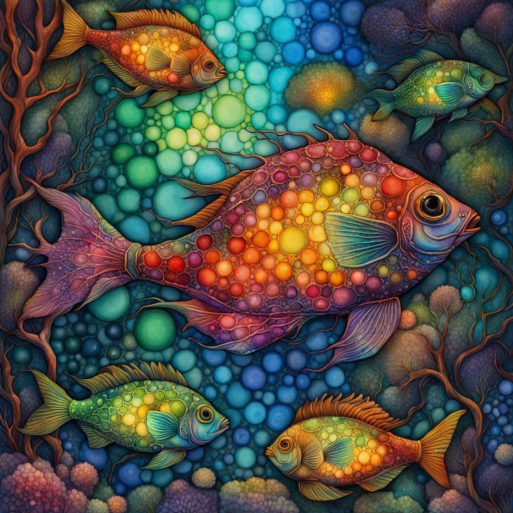 Bioluminescent Fish in Coral Reef: Watercolor Art