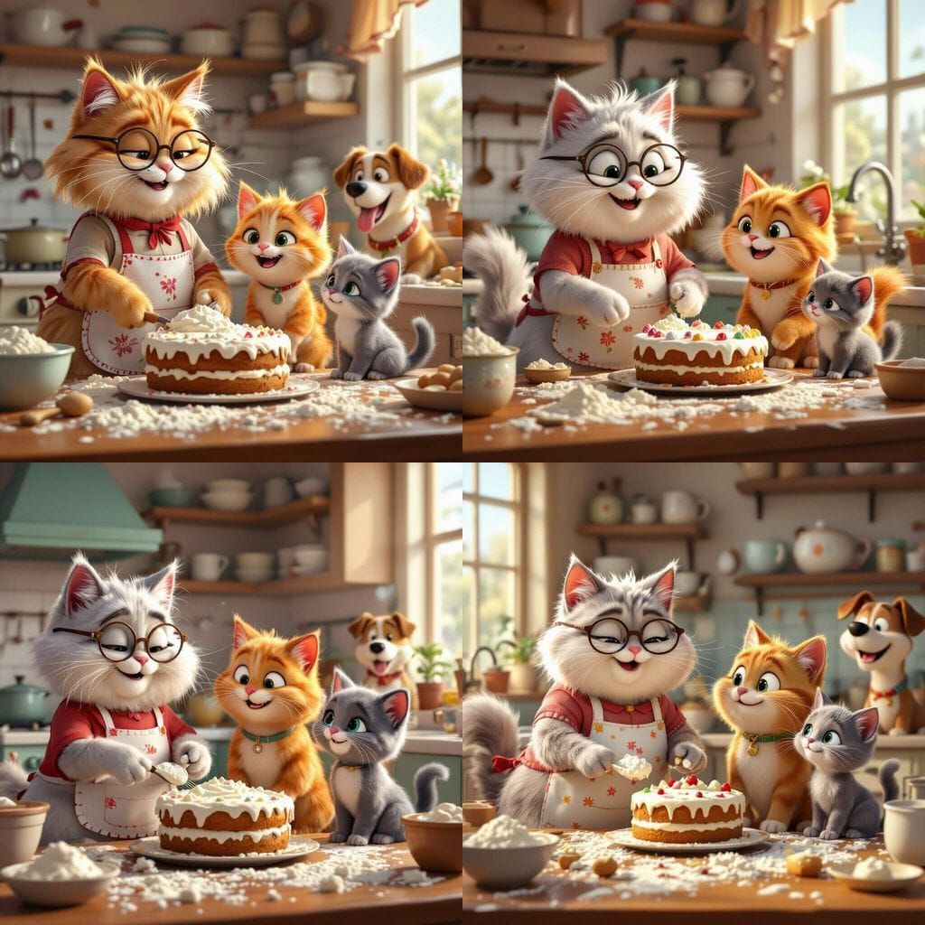 Cats Baking a Cake Together in a Cozy Kitchen