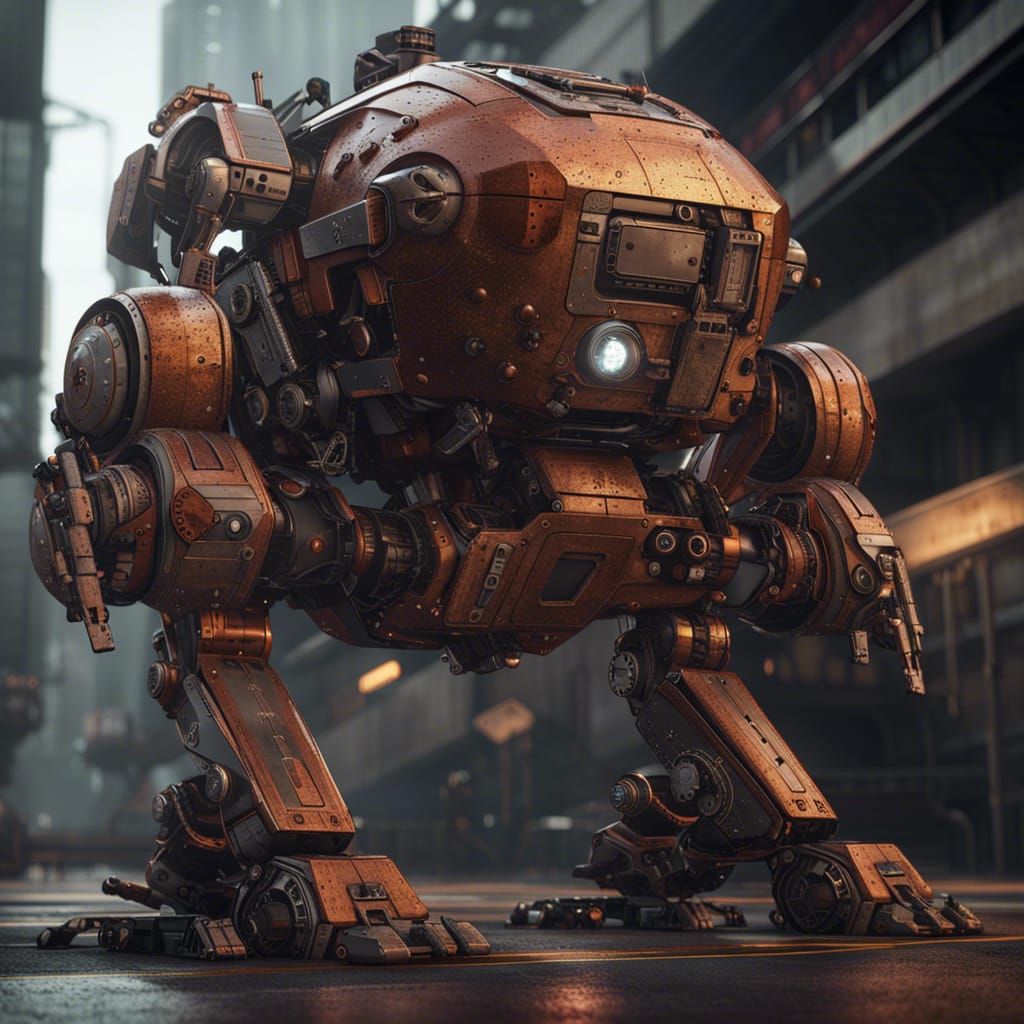 Futuristic Rusty Combat Mecadroid in Sci-Fi Setting