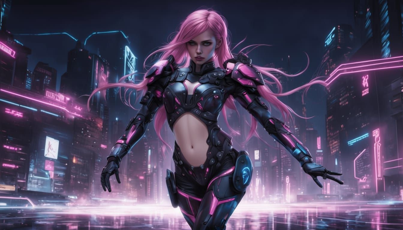 Cybernetic Warrior with Pink Hair in Minimalist Bodysuit