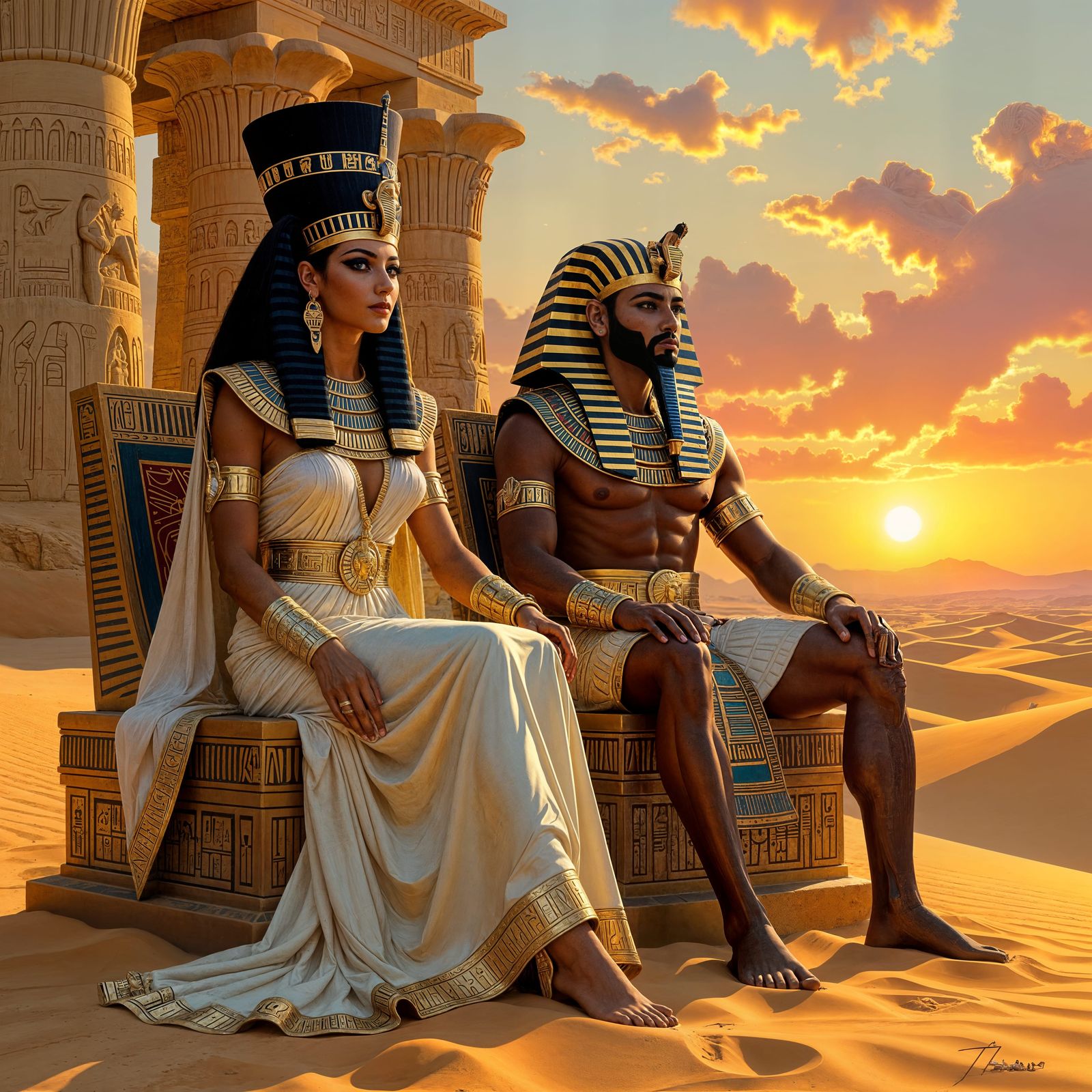 Queen Nefertiti and Pharaoh Akhenaten on Sphinx Throne