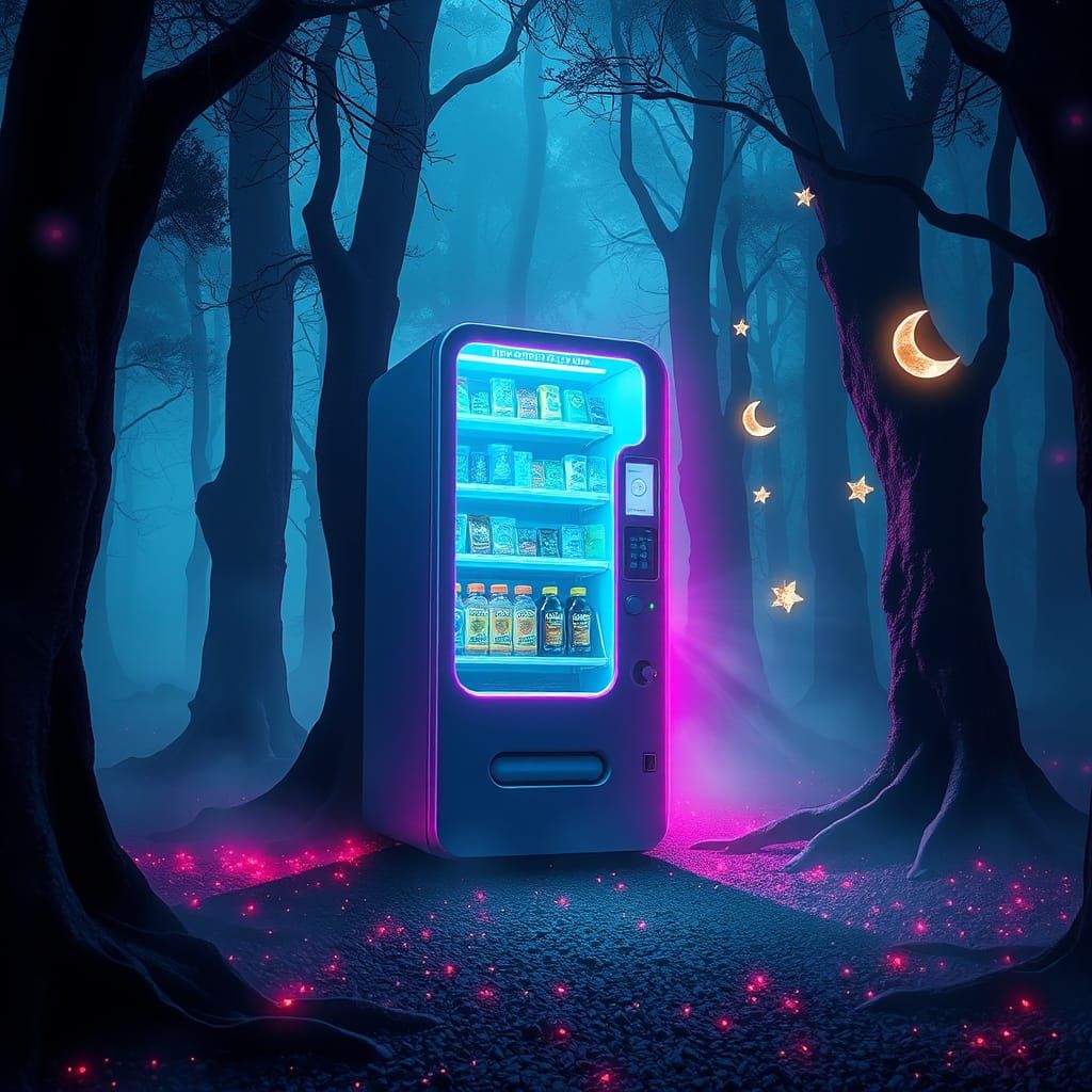 Cyberpunk Vending Machine in Bioluminescent Forest
