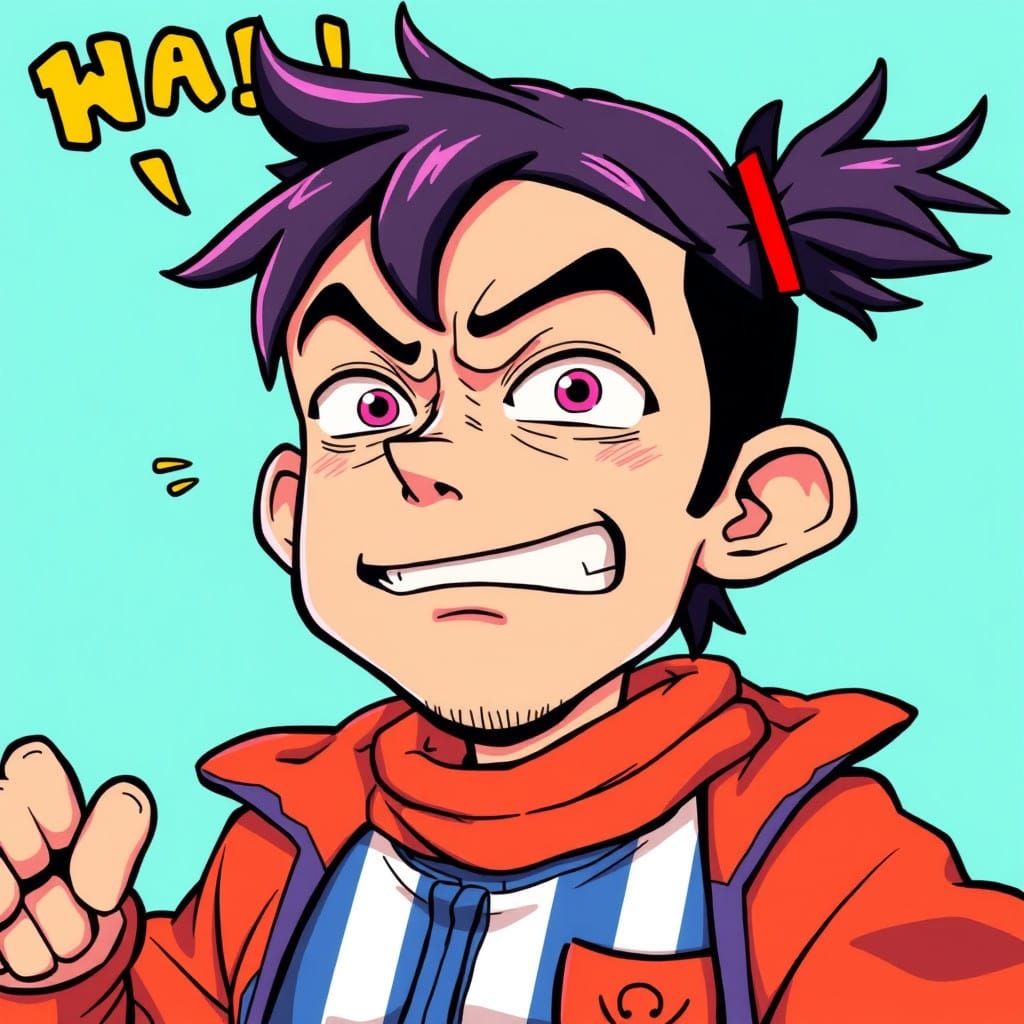 Humorous Anime-Inspired Character in Colorful Exaggerated St...