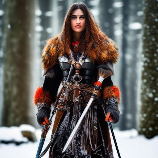 Neanderthal Woman Warrior in Snowy Landscape