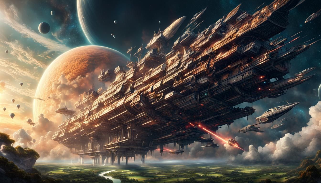 Epic Cosmic Starships in Fantasy Digital Painting