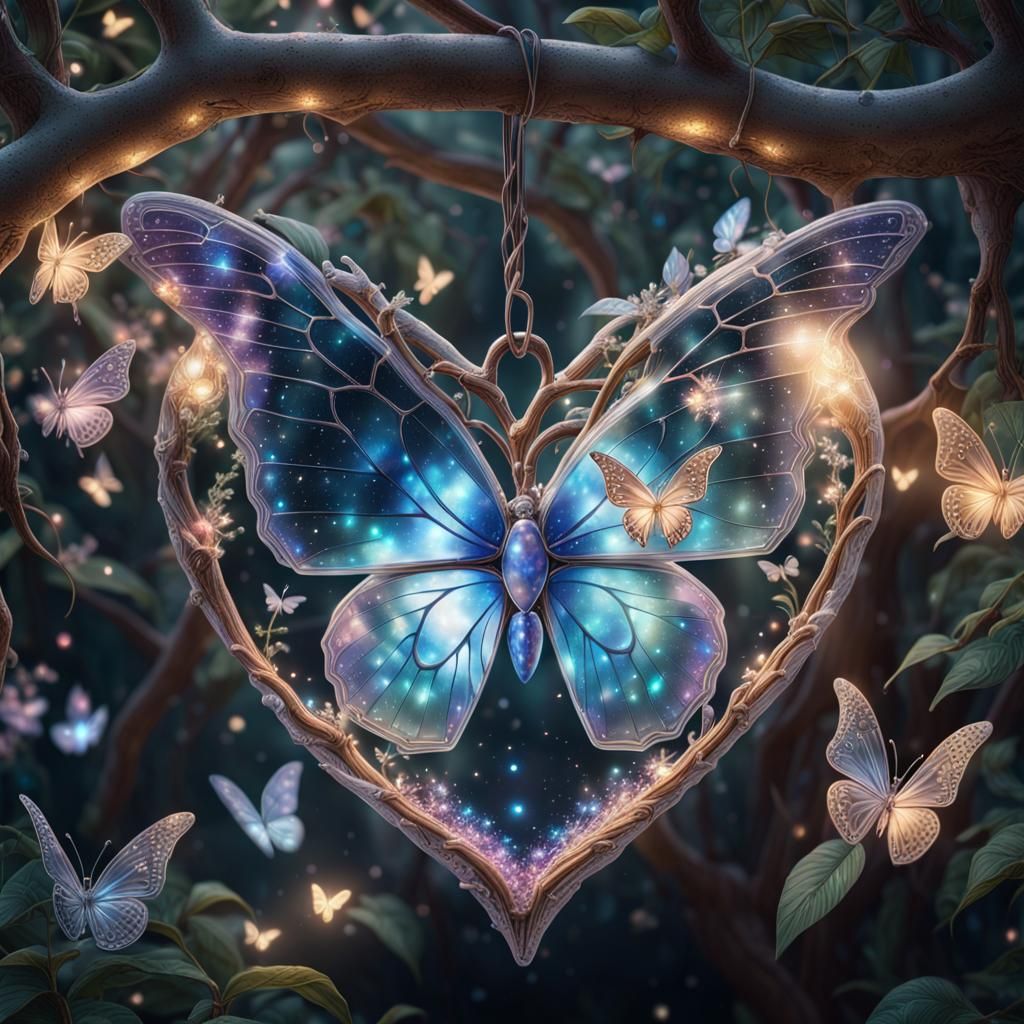 Crystal Heart With Butterfly: Holographic Illustration
