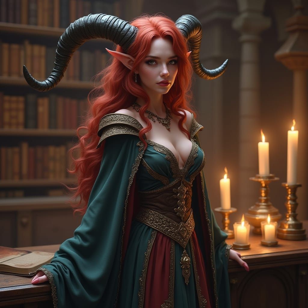 Sorceress in Candlelit Monastery Library