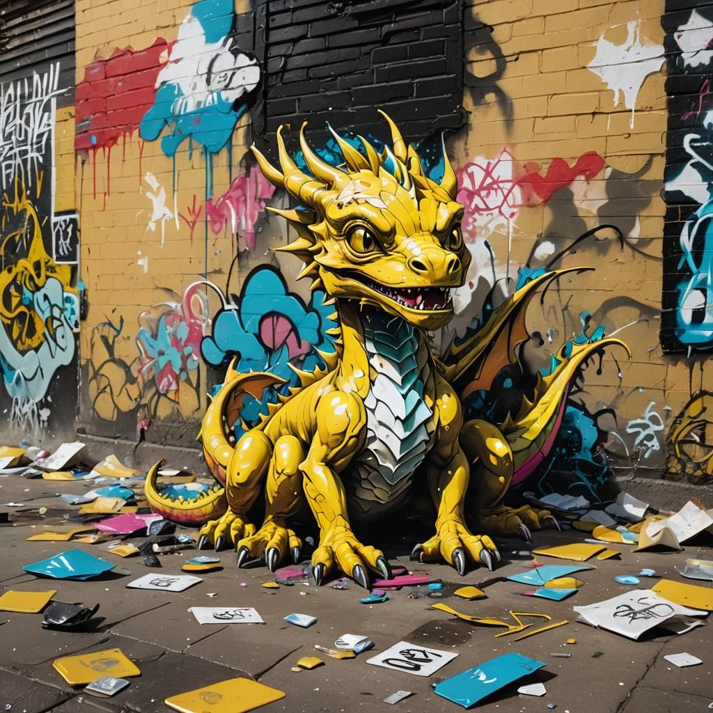 Baby Dragon Street Art with Melting Effects