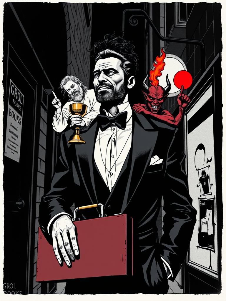 Businessman with Jesus and Devil, Noir Comic Style