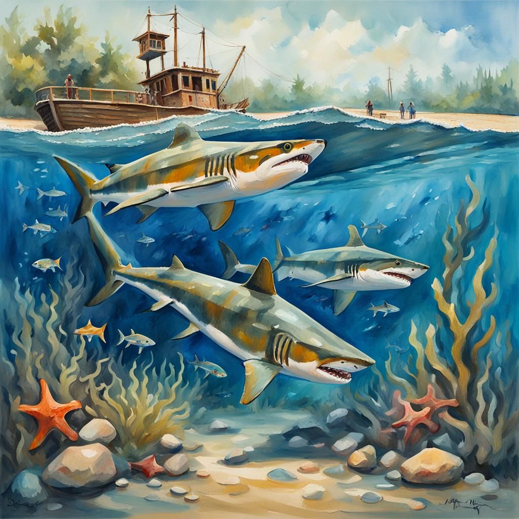Shark Fishing in Murky Waters, Gouache Watercolor Style