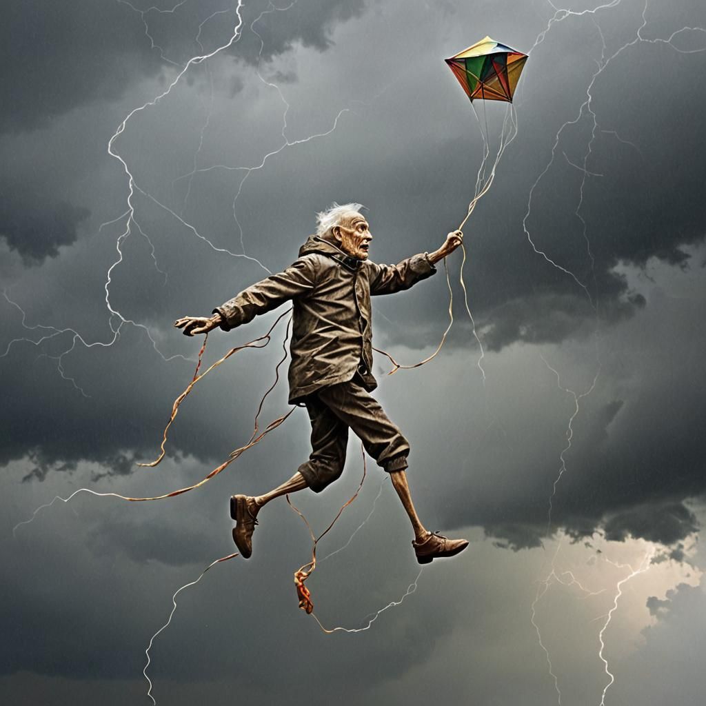 String Man Flies Kite in Thunderstorm