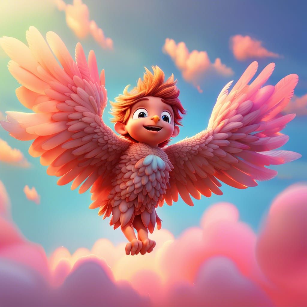 Cute Harpy Boy Flying in Dreamy Pastel Sky
