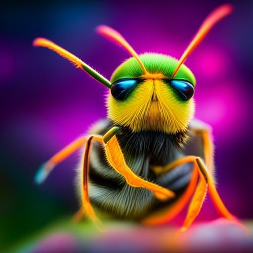 Hyperrealistic Bee in Neon Colors