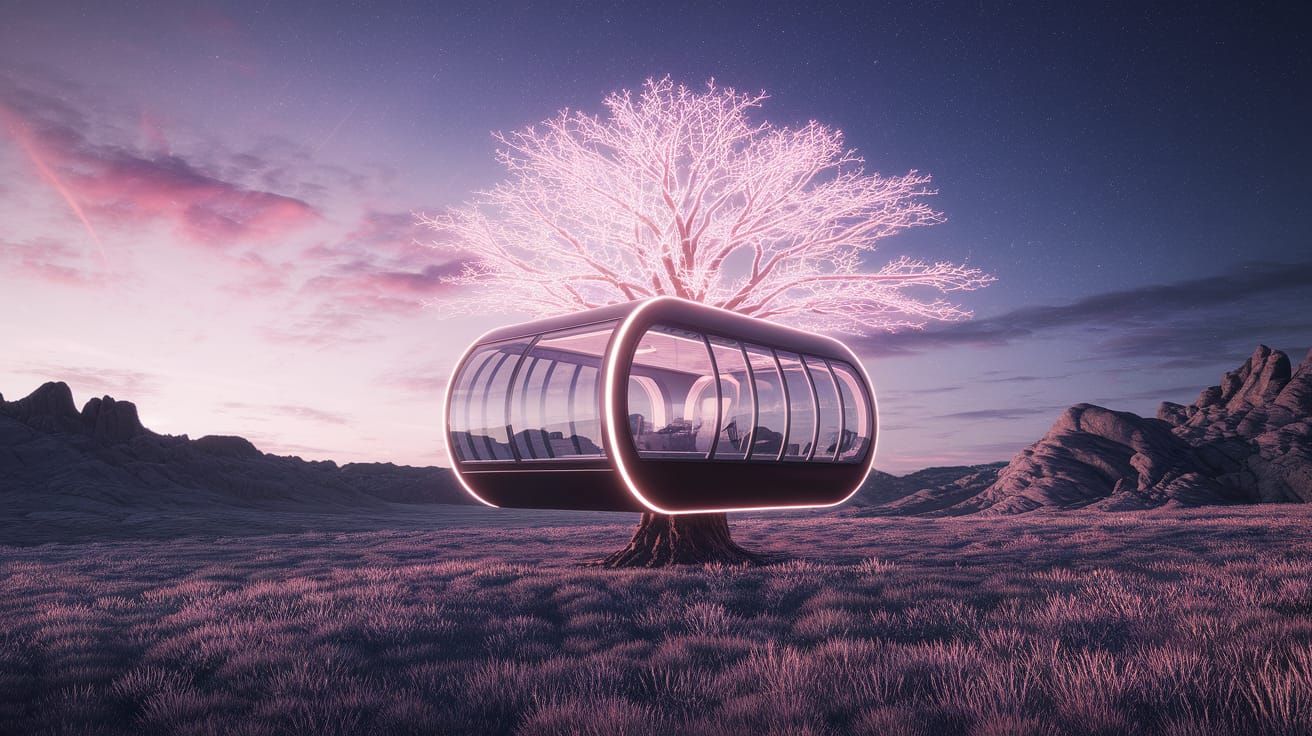 Futuristic Treehouse with Panoramic Views in a Glowing Metam...