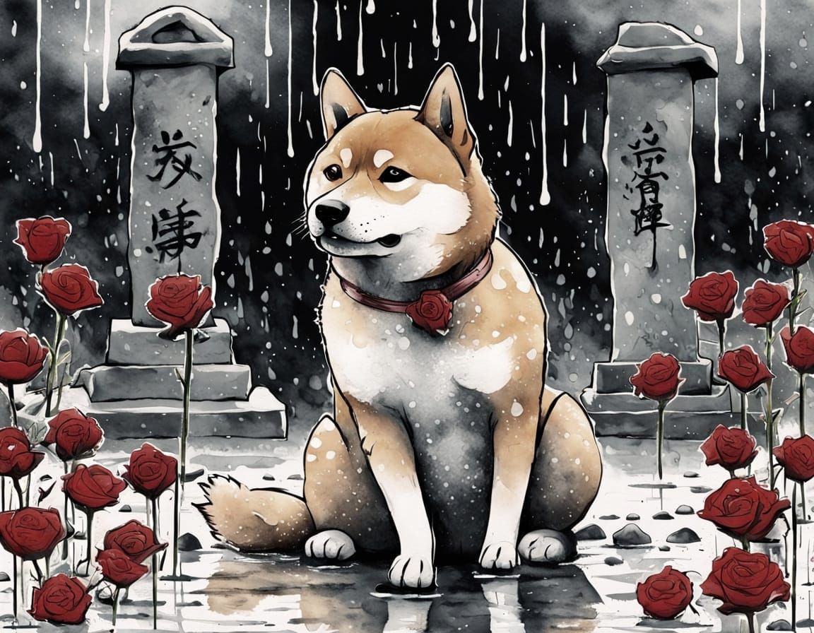 Sad Shiba Inu at Grave in Watercolor