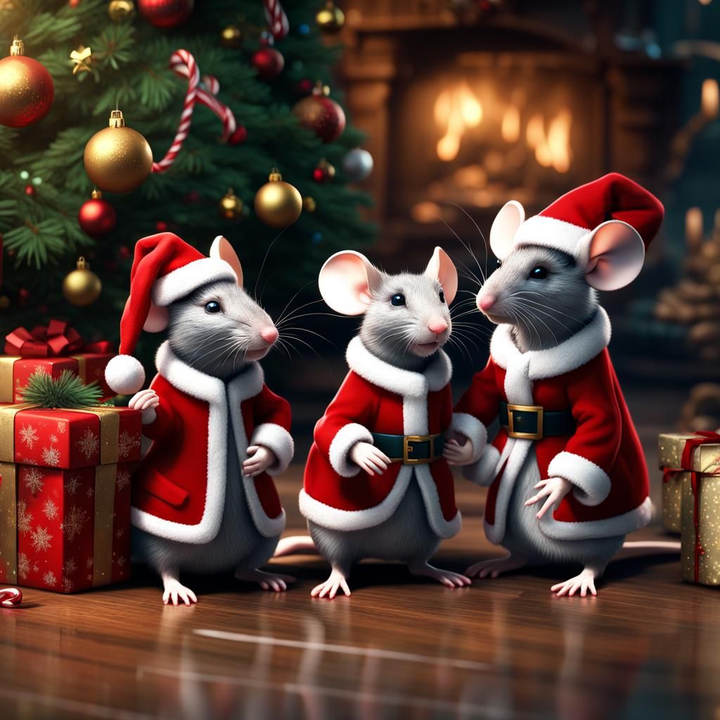 Festive Mice Inspecting Christmas Tree in Detailed Painting