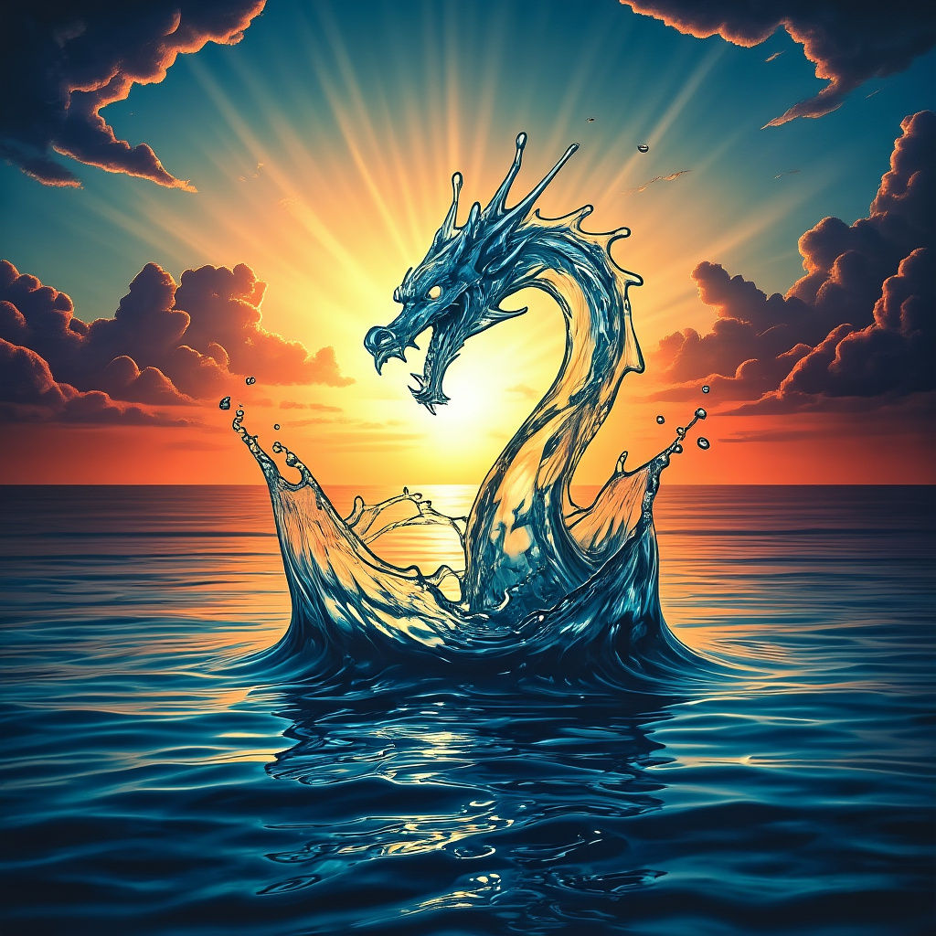Surreal Water Dragon Emerges from Ocean Sunset