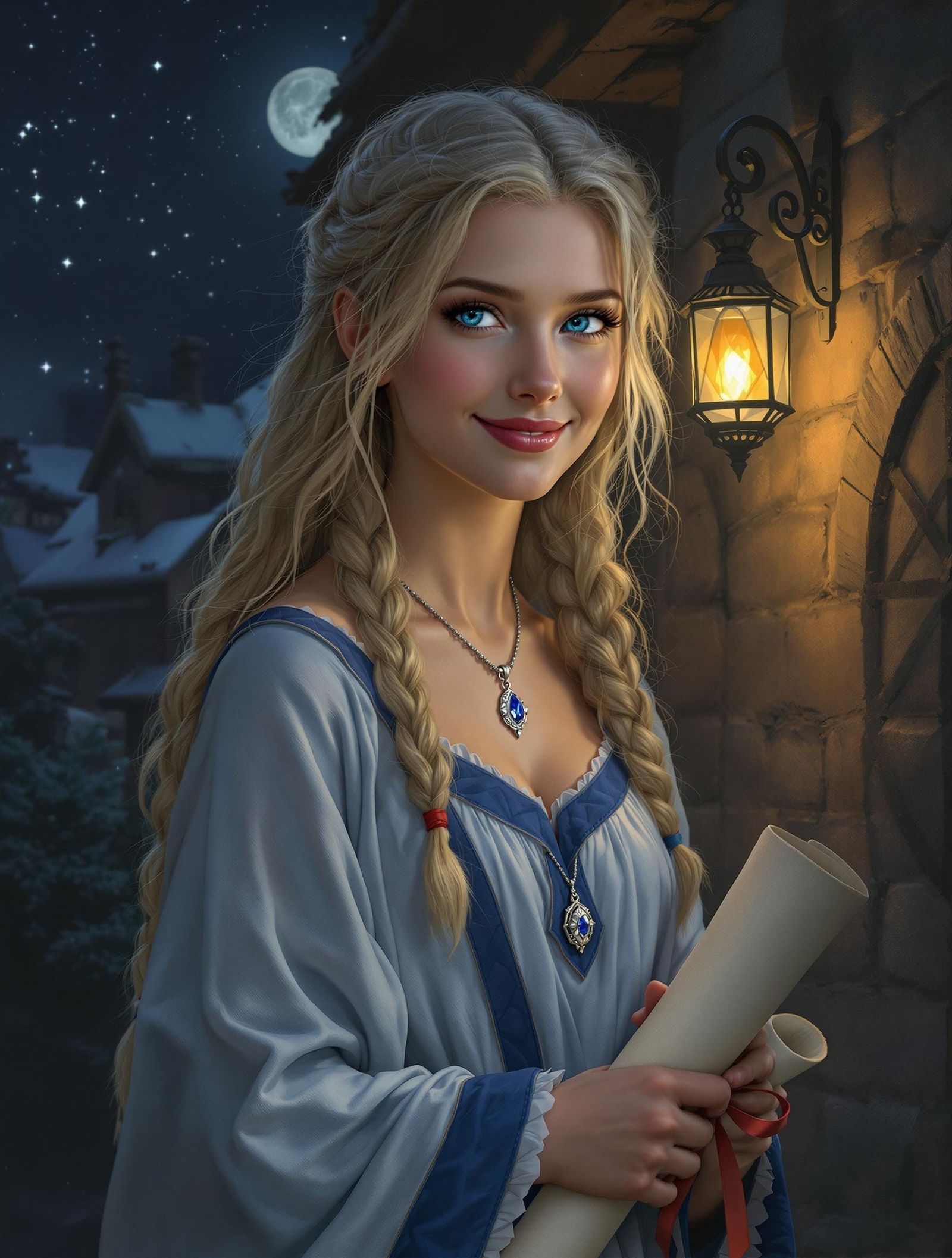 Norse Goddess in Village at Midnight as Oil Painting